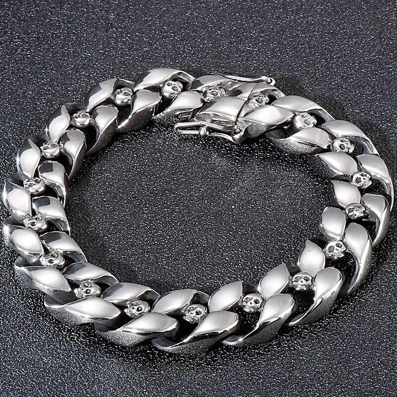 Punk Gothic Stainless Steel Skull Head Curb Chain Bracelet For Men Male 13MM 8.5 Inches Boys Mens Biker Bracelets Dropshipping