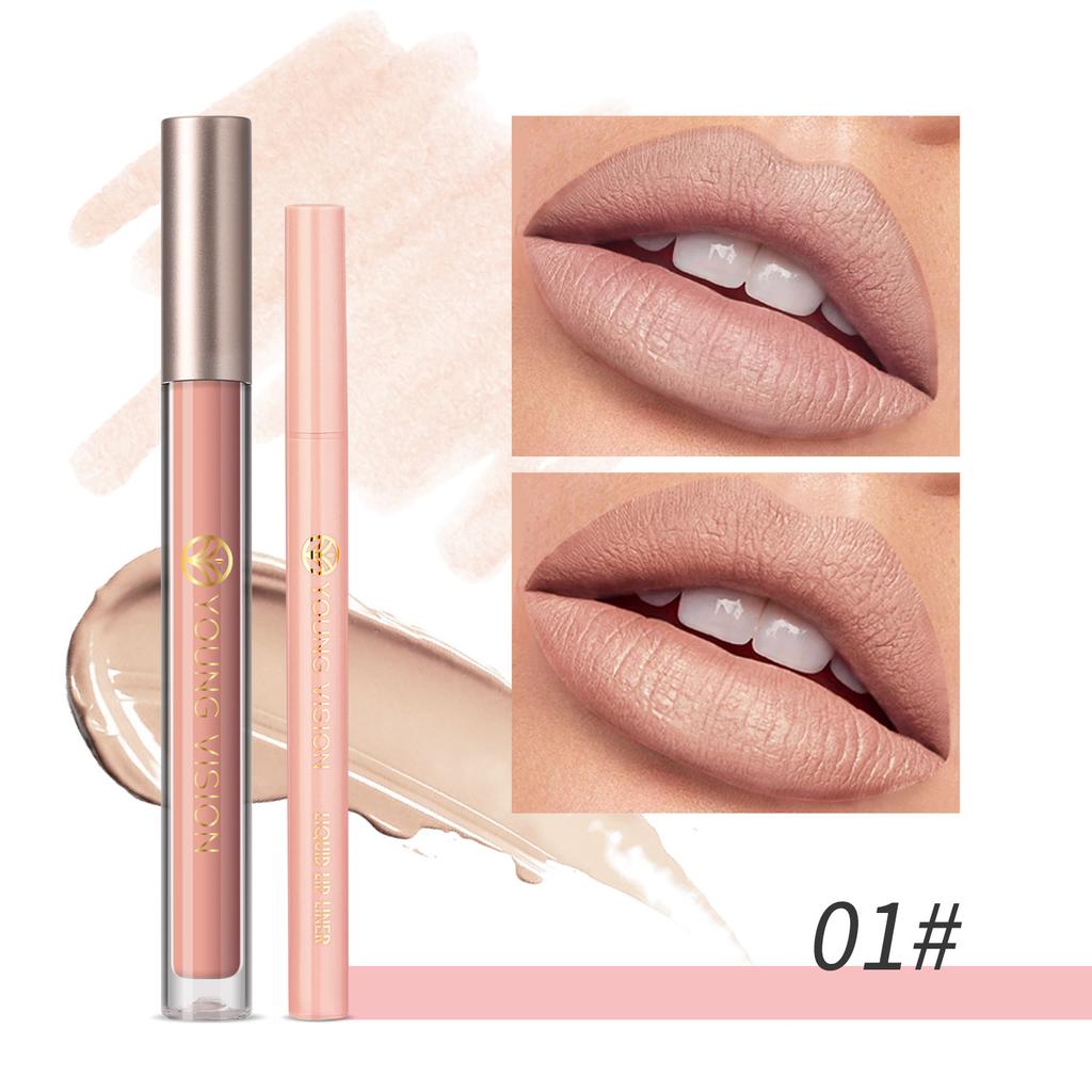 YOUNG VISION Lip Glaze + Lip Liner 2 Sets of Lip Liner Are Not Easy To Stick Cup Lip Glaze