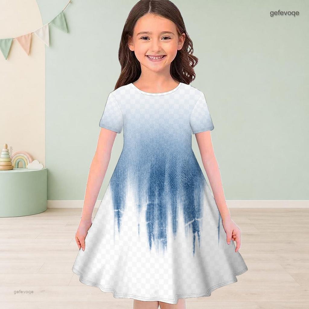 Girls Round Neck Short Sleeve Purple White Printed A Line Flared Dress