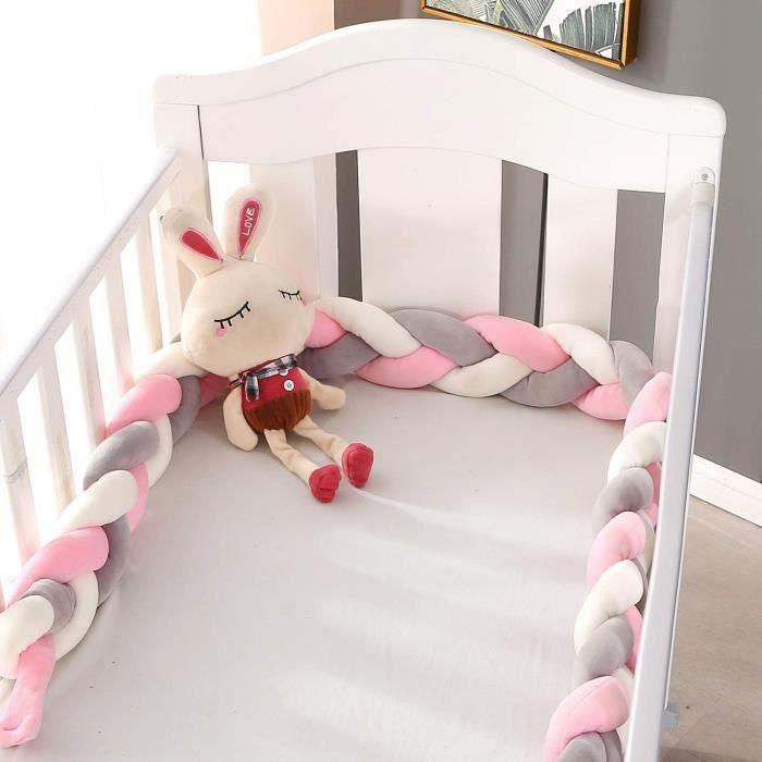 3M Tour de Lit Coussin Serpent Coussin Tressé Pare-chocs Velours Protection Bébé (Gris blanc rose)