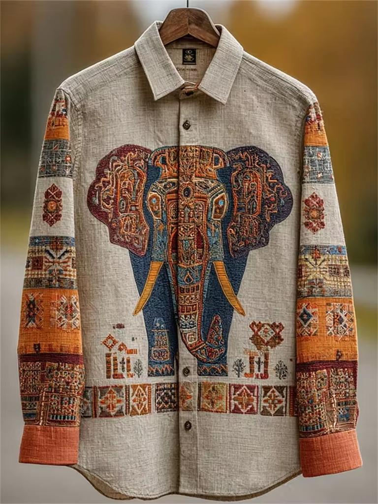 Retro Harp Clover 3D Printed Men's Long Sleeved Shirt, Casual Vacation Fashionable Plus Size Shirt