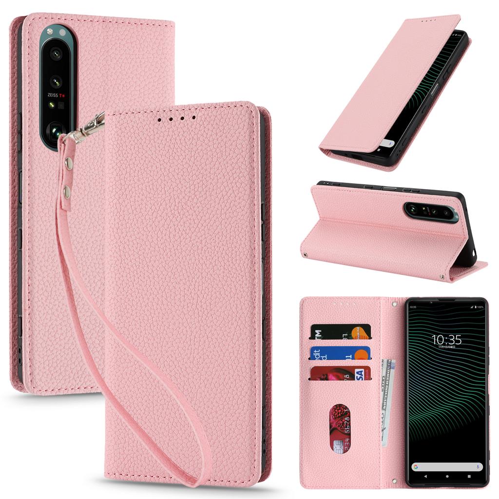 For Sony Xperia 1 IV 5G Case Stand Wallet Litchi Texture Leather Flip Phone Cover with Strap