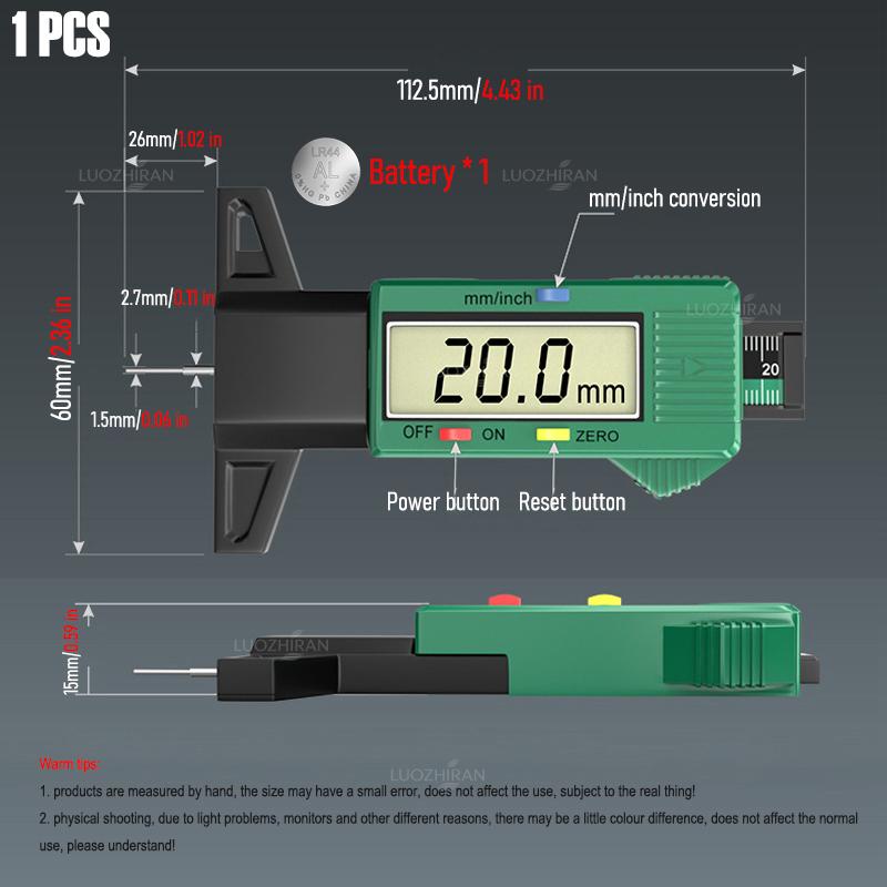 Tire Tread Depth Gauge Digital Display Metric/Inch Tire Wear Measuring Tool for Car Truck Motorcycle Monitoring System Caliper