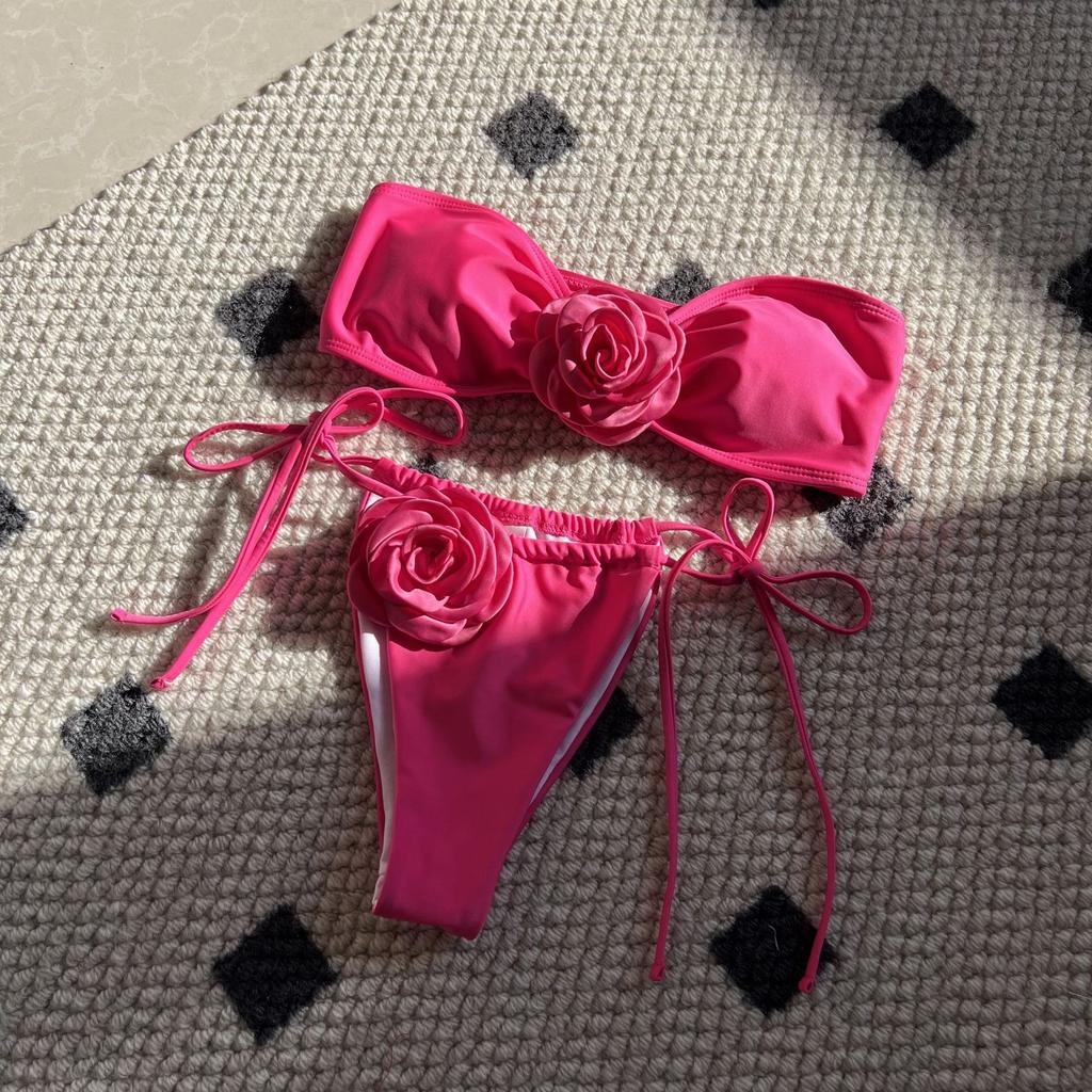 Solid Color Rose Tube Top Drawstring Strap Split Swimsuit Bikini