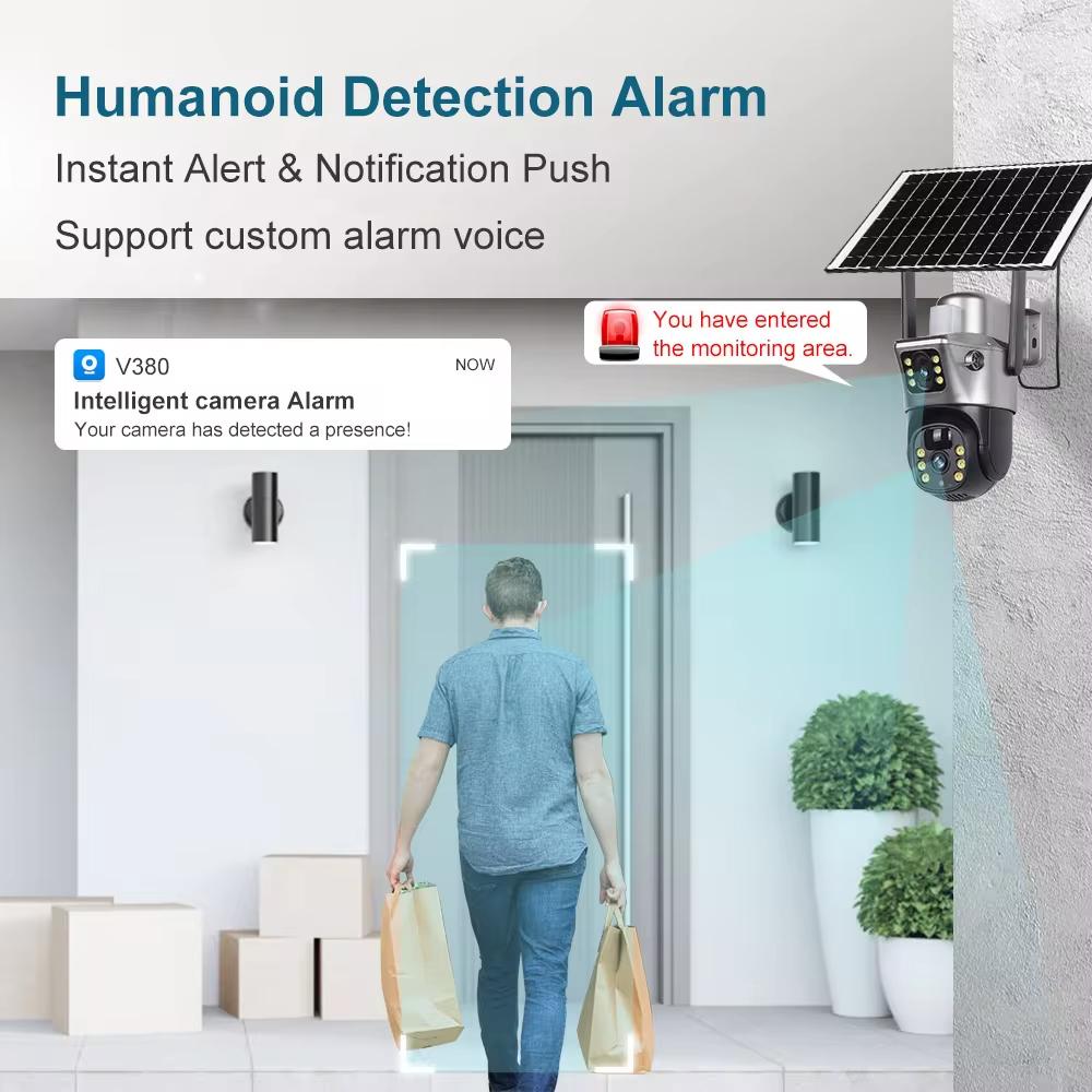 AIOOK Солнечная камера безопасности, уличная водонепроницаемая HD 8MP, двойной объектив, WIFI, 4G IP-камера, полноцветная камера ночного видения, двусторонний интерком, обнаружение движения