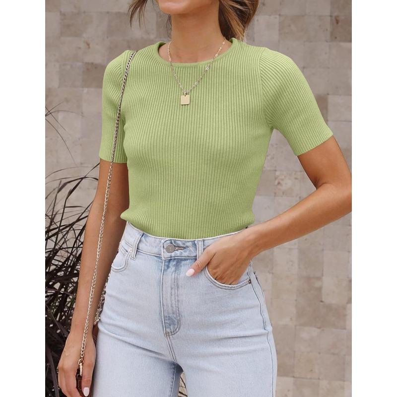 Women Short Sleeve Crew Neck Slim Fit Knit T Shirt