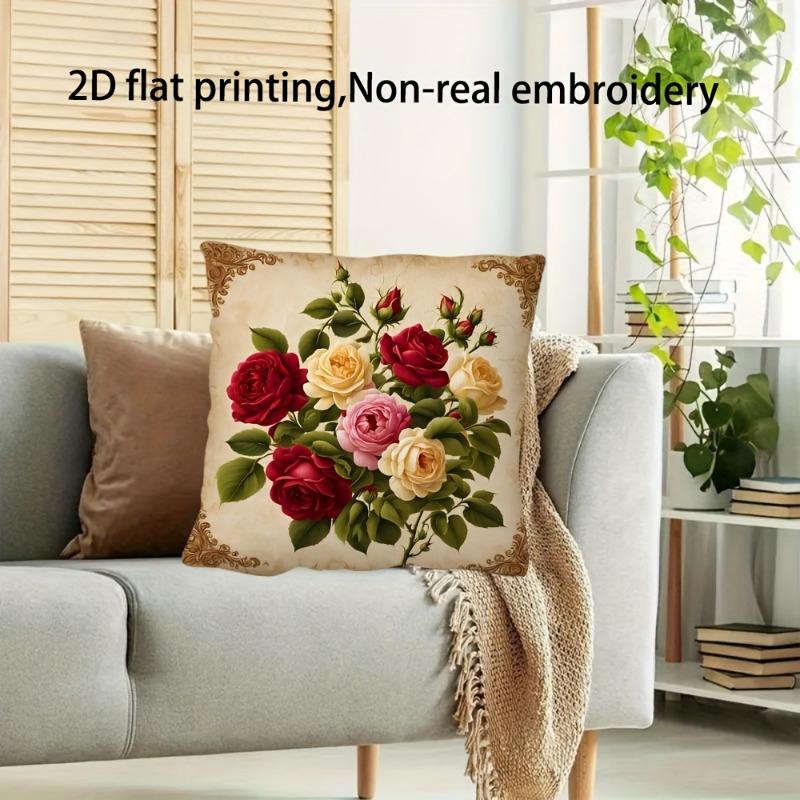 2D Printed Vintage Rose Flower Pillow Cover Retro Floral Bouquet Print Soft Throw Pillow Case For Shabby Chic Home Decor Gift