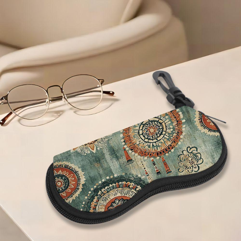 2D-Vintage Bohemian Floral Pattern Sunglasses Case, Retro Ethnic Style Eyeglasses Pouch, Protective Zipper Storage Holder for Travel Daily Use