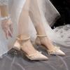 Fashion Sexy Lace Thin Heels Wedding Shoes Women 2024 New Pearl Ankle Strap Pumps Woman Elegant String Bead Med Heels Party Shoes