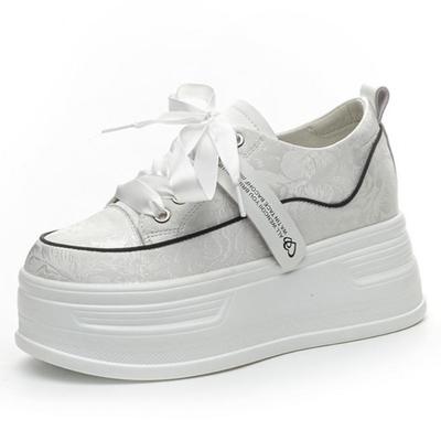 Мода 8см Шелковые Женские Повседневные Платформа Клинья Балетки Мода Массивные Кроссовки Летняя Обувь Тапочки Высокий Бренд Осень Вулканизированный Высокий Каблук