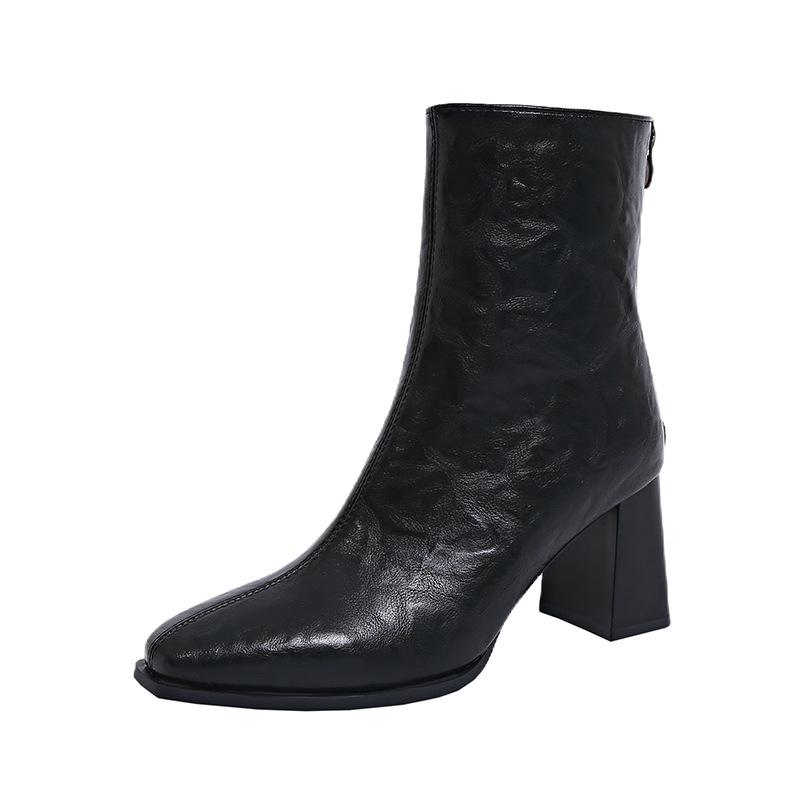 Короткие сапоги на высоком каблуке женские 2025 осень и зима новый темперамент средняя трубка молния сзади толстый каблук средний каблук квадратный носок ботинки Martin тонкие