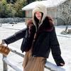Russian imitation fox fur collar short cotton dress women's full circle top strip oblique zipper tooling pocket loose thickened coat