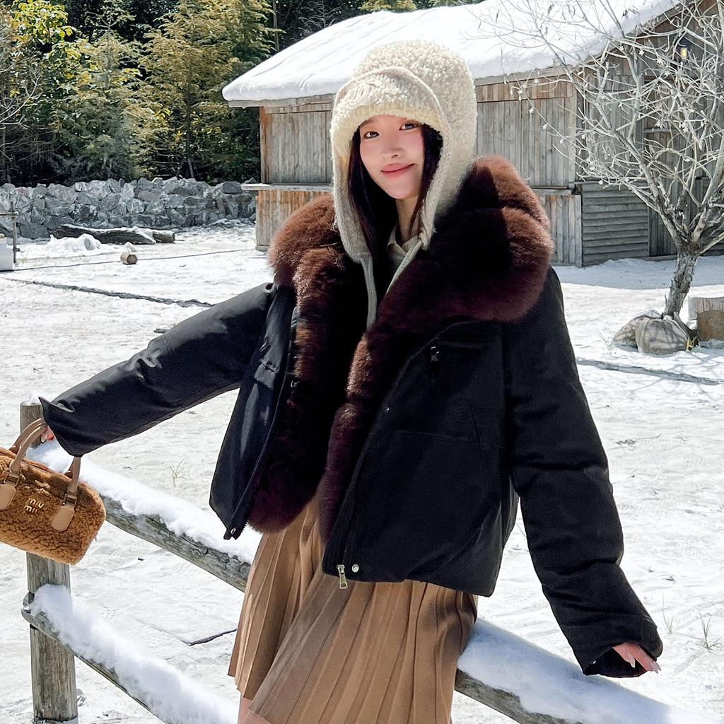 Russian imitation fox fur collar short cotton dress women's full circle top strip oblique zipper tooling pocket loose thickened coat
