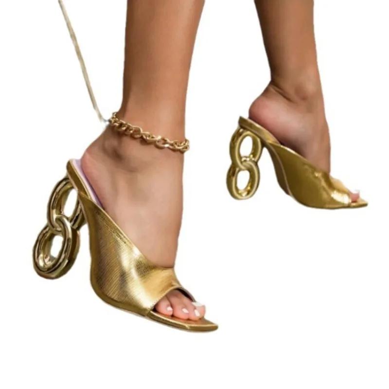 European and American High Heels Women's 2024 Summer New Versatile Square Toe Temperament Sexy Alien Heel Fashion Slippers Women