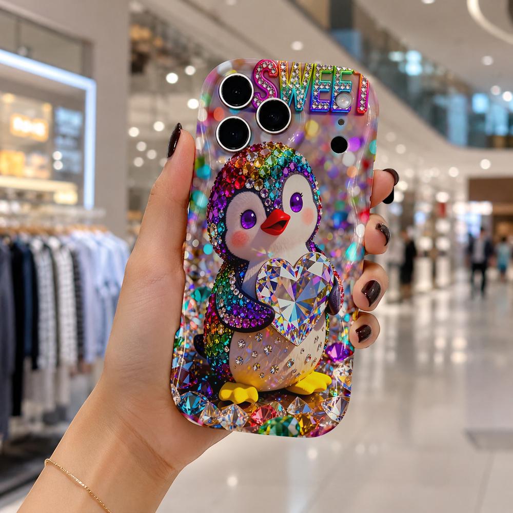 Rainbow Rhinestone Penguin Sweet Heart Wavy Edge Phone Case For iPhone 17 16 15 14 13 12 11 8 7 Plus Pro Max Bling Cover