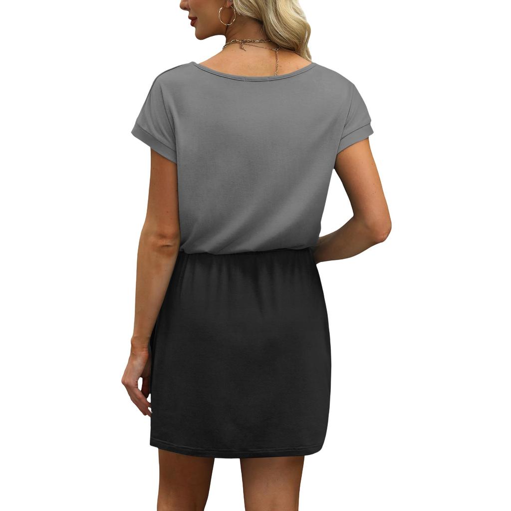 Women's Summer V-neck T-shirt Casual Short Sleeve Drawstring With Pocket Gradient Casual Dresses
