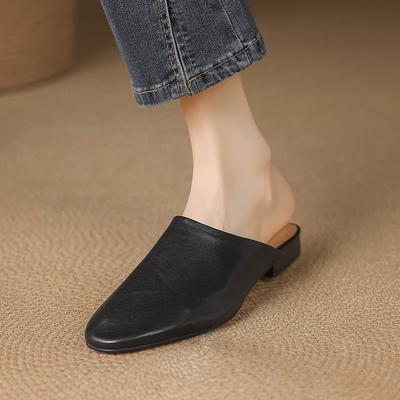 Мода 2025 Новые Натуральная Кожа Низкий Каблук Круглый Носок Шлепанцы Женские Натуральная Кожа Повседневные Шлепанцы Женские Повседневные Мюли Шлепанцы