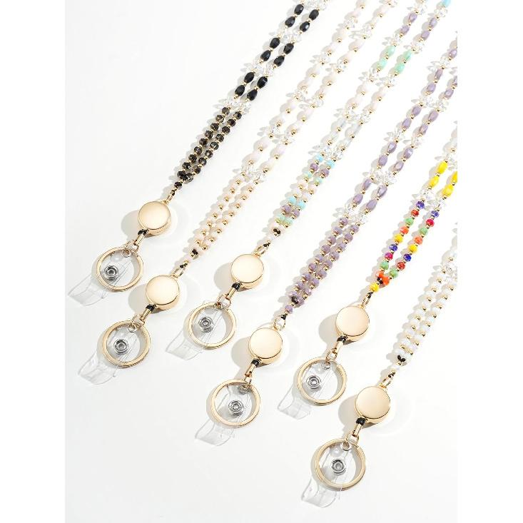 Retractable Lanyards for ID Badges and Keys, Beaded Lanyards for Women Cream Crystal, Cute Teacher Lanyard Apricot Pink