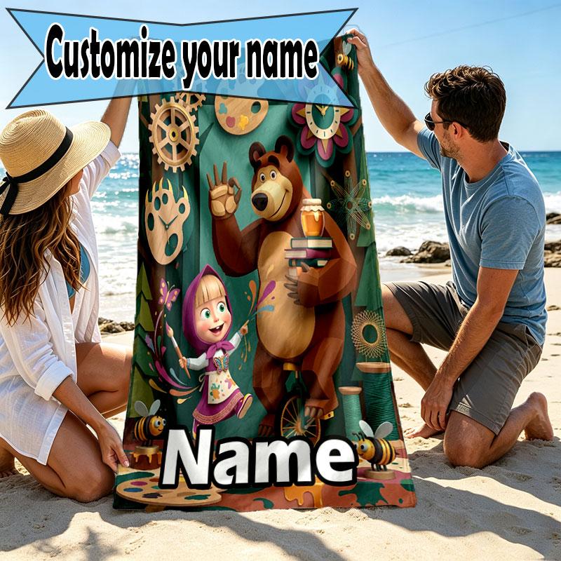 Custom Name Personalized Masha and the Bear Print Beach Towel, for Trip Camping Beach Party Home Decor, Birthday Gift for Family & Friends