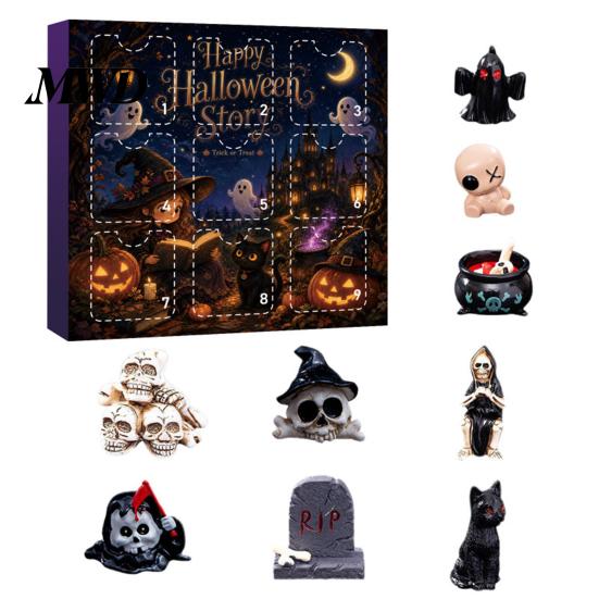 Holiday Gift Box Halloween Advent Calendar with 9 Mini Resin Figures, Day Spooky Countdown Desktop Decorations to Calendar, Surprise Collectible