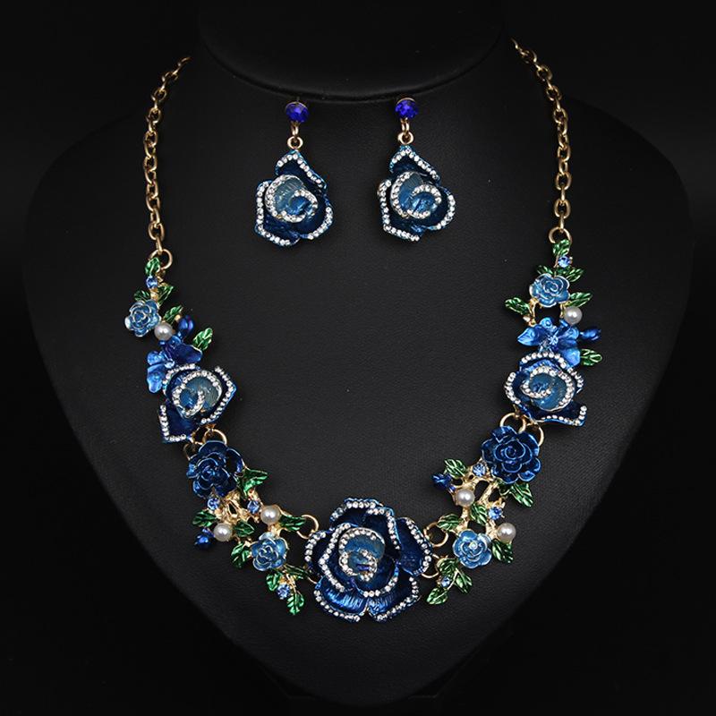 Colorful Flower Diamond Necklace Earrings Set Medieval Temperament Women'S Accessories
