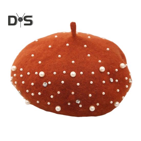 Женский берет с искусственным жемчугом и стразами, винтажная шерстяная шляпа в английском стиле без полей, однотонная, с регулируемыми лямками, кепка-тыква