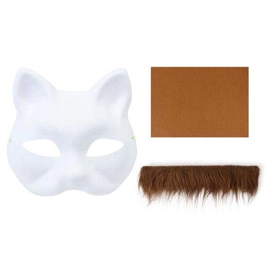 Cat Masque DIY Set White Paper Cat Masque with Eye Mesh Faux Fur Unfinished Cat Masque for Kids Adults DIY Painting