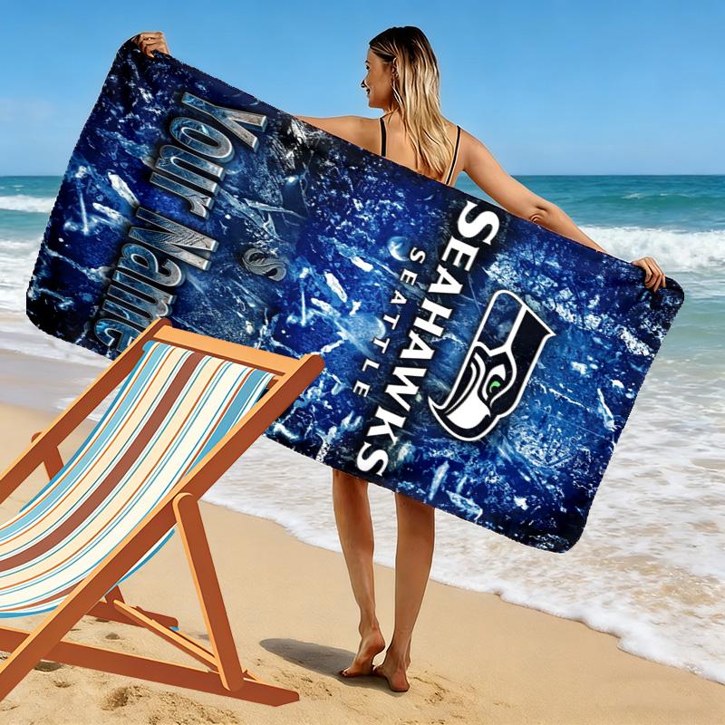 Name Custom Seattle Seahawks Logo Print Beach Towel, Large Soft Quick Dry Towel for Beach Camping Swimming