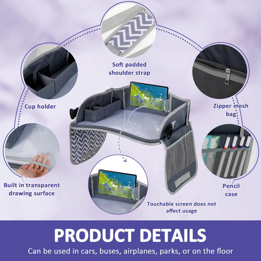 Car Kid Travel Tray Portable Car Seat Lap Tray Automotive Seat Lap Activity Table with Adjustable Strap Road Trip Essentials