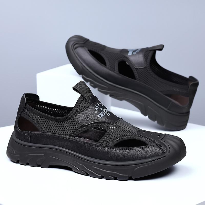 Повседневные кожаные мужские сандалии в стиле ретро, летняя обувь с вырезами, модная повседневная пляжная обувь для отдыха на открытом воздухе, дышащая мужская обувь для ходьбы