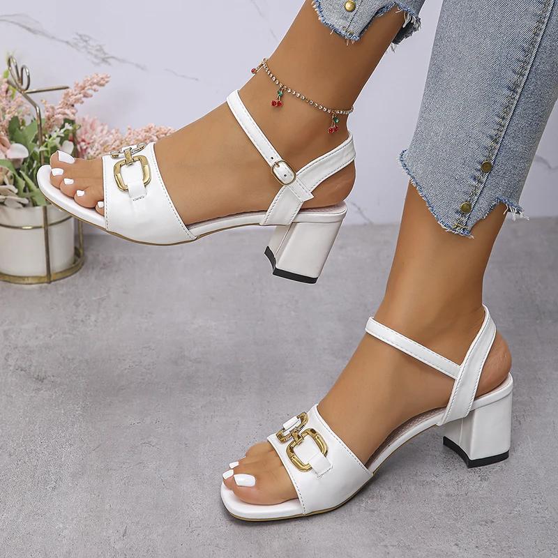 Fashion Plus Size Fashion Women's Square Heel Sandals with Chain Ankle Strap High Heels Party Shoes Woman Metal Decor White Sandals 2025