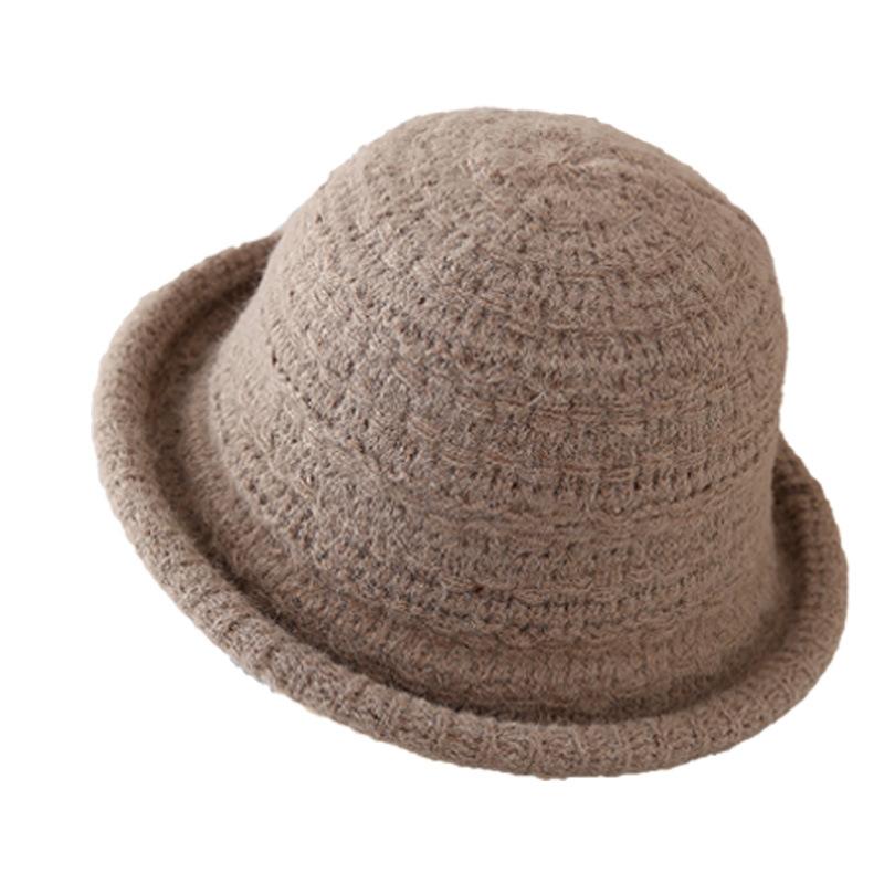 Solid color wool knitted bucket hat women's winter warm crimped hat versatile basin hat solid color bucket hat tide