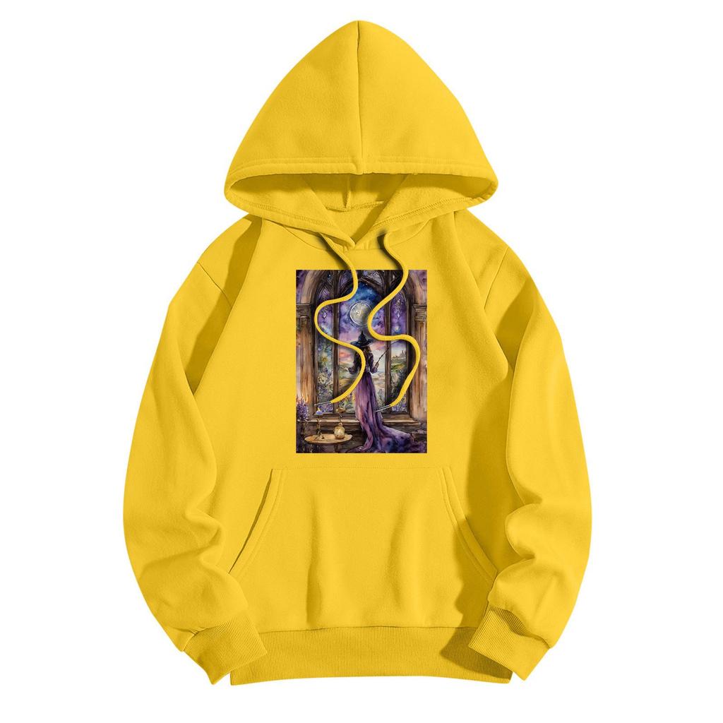 Women's Fashionable Casual Halloween Witch Print Hooded Sweatshirt With Pockets Long Sleeved Sweatshirt