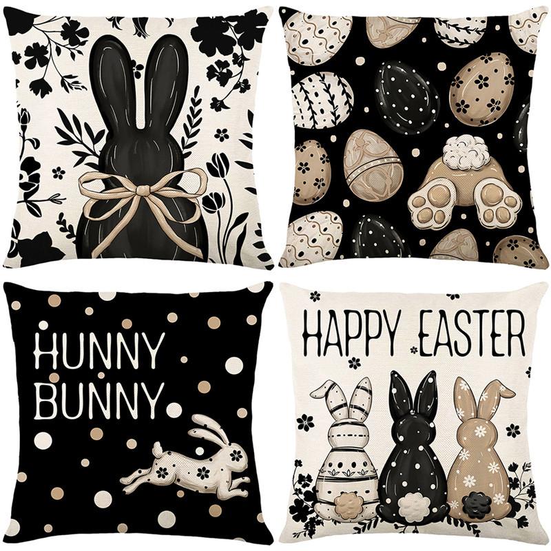 Vikama Retro Easter Throw Cushion Set With Rabbit And Easter Egg Print Sofa Cushion Set For Spring And Summer Home Decoration