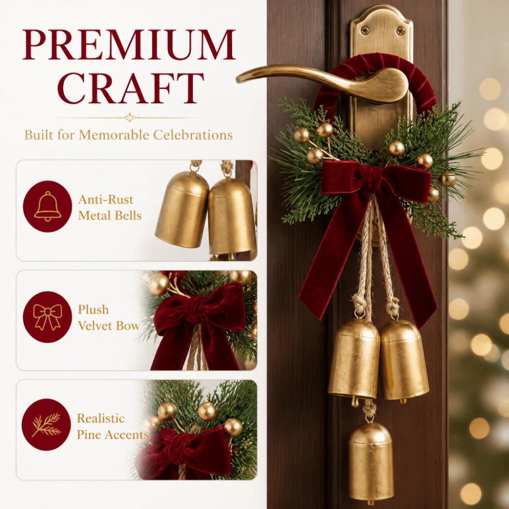 Vintage Christmas Bell Door Hanger with 3 Bells Velvet Bow Bell Ornament  Christmas Tree Decor