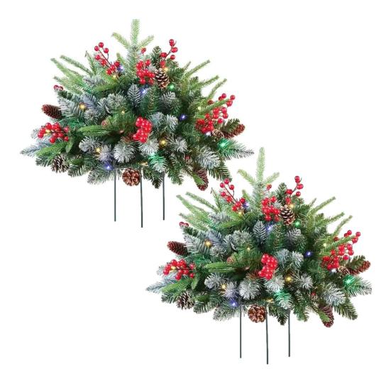 Предварительно освещенная рождественская елка, наполнитель для урны, работающая от батареек искусственная рождественская елка с шишками, ягодами, праздничный наполнитель для кашпо на крыльце с треножным колышком и светодиодами