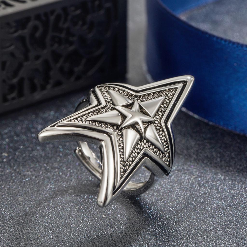 S925 Silver Ring Thai Silver Black Double Layer Overlapping Five-pointed Star Open Ring Punk Retro Men's Trendy Star Rock Ring