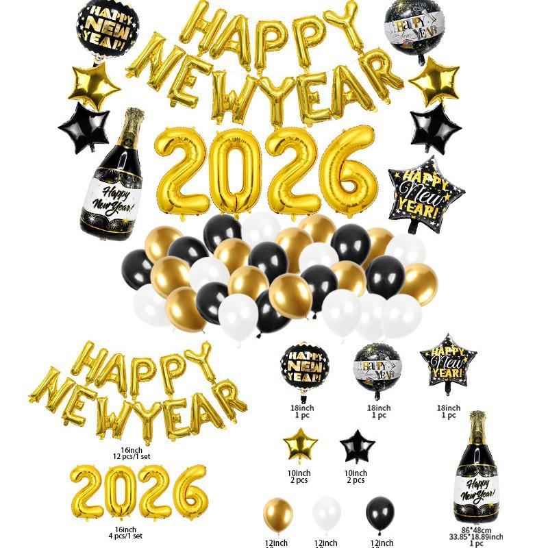 Balloon New Year Black Gold Letter Balloon Set, New Year Happynewyear Party Decorations