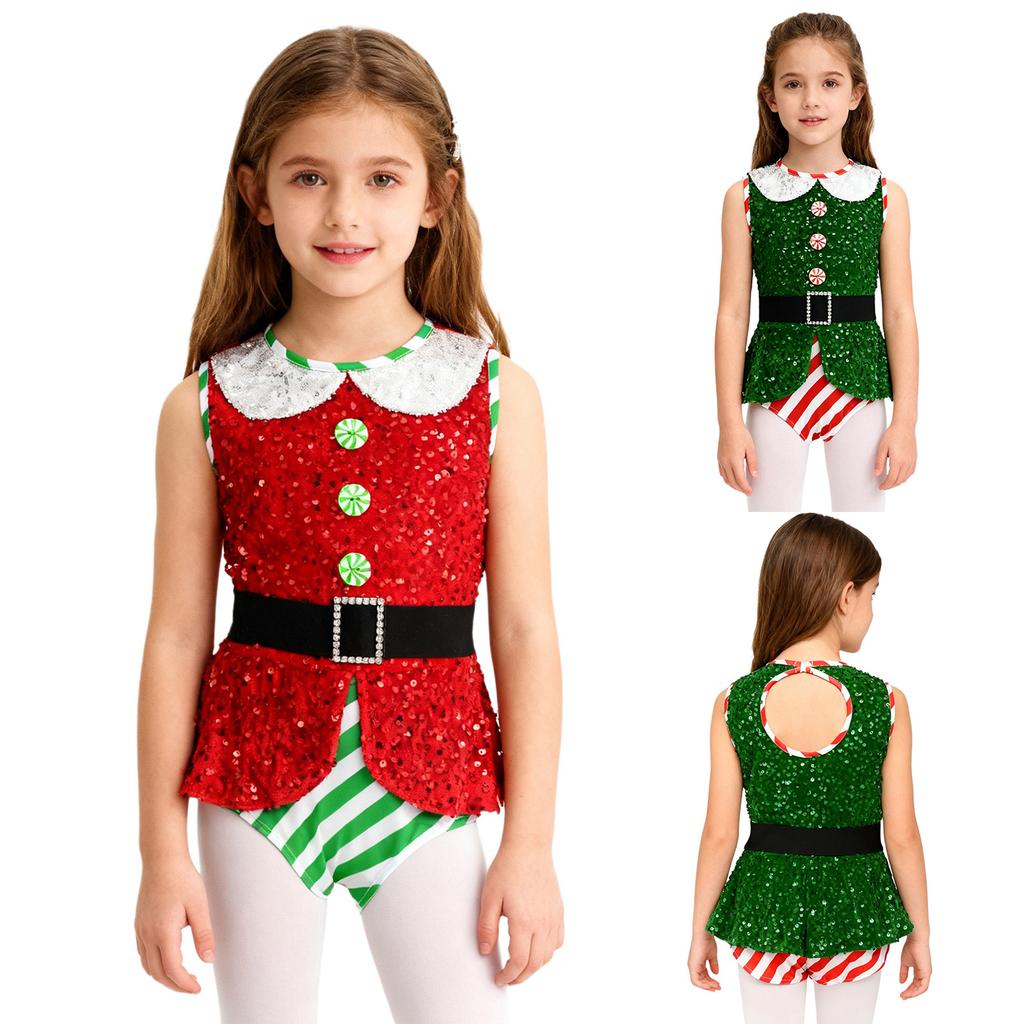 Боди Рождественского Эльфа для Девочек с Пайетками, Без Рукавов, Гимнастический Купальник, Рождественский Блестящий Танцевальный Костюм