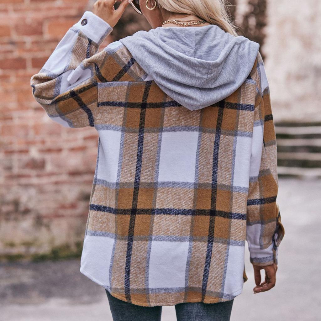 Женская модная клетчатая рубашка с длинным рукавом на пуговицах, с капюшоном, карманом и кулиской, повседневная куртка-рубашка