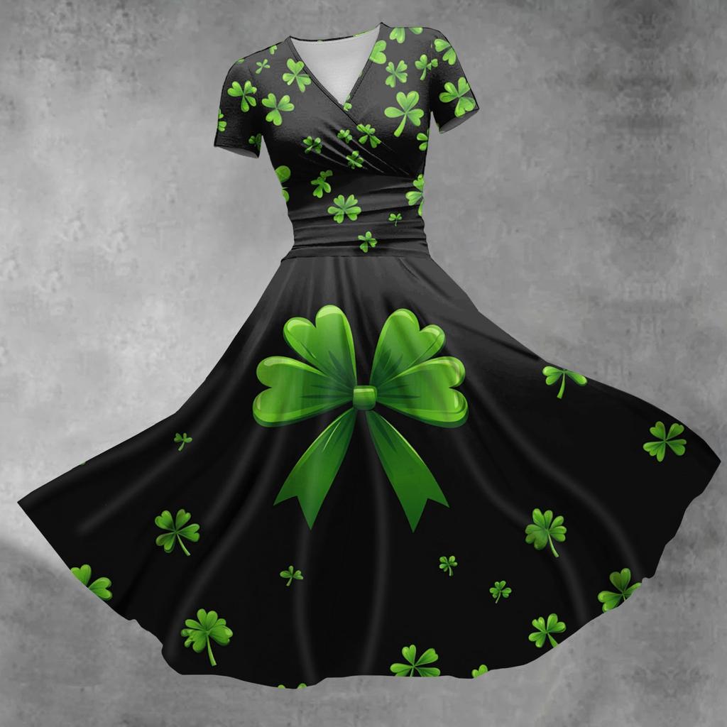 Женское платье принцессы, сексуальное платье с V-образным вырезом, принтом, присборенной талией, плиссировкой и короткими рукавами