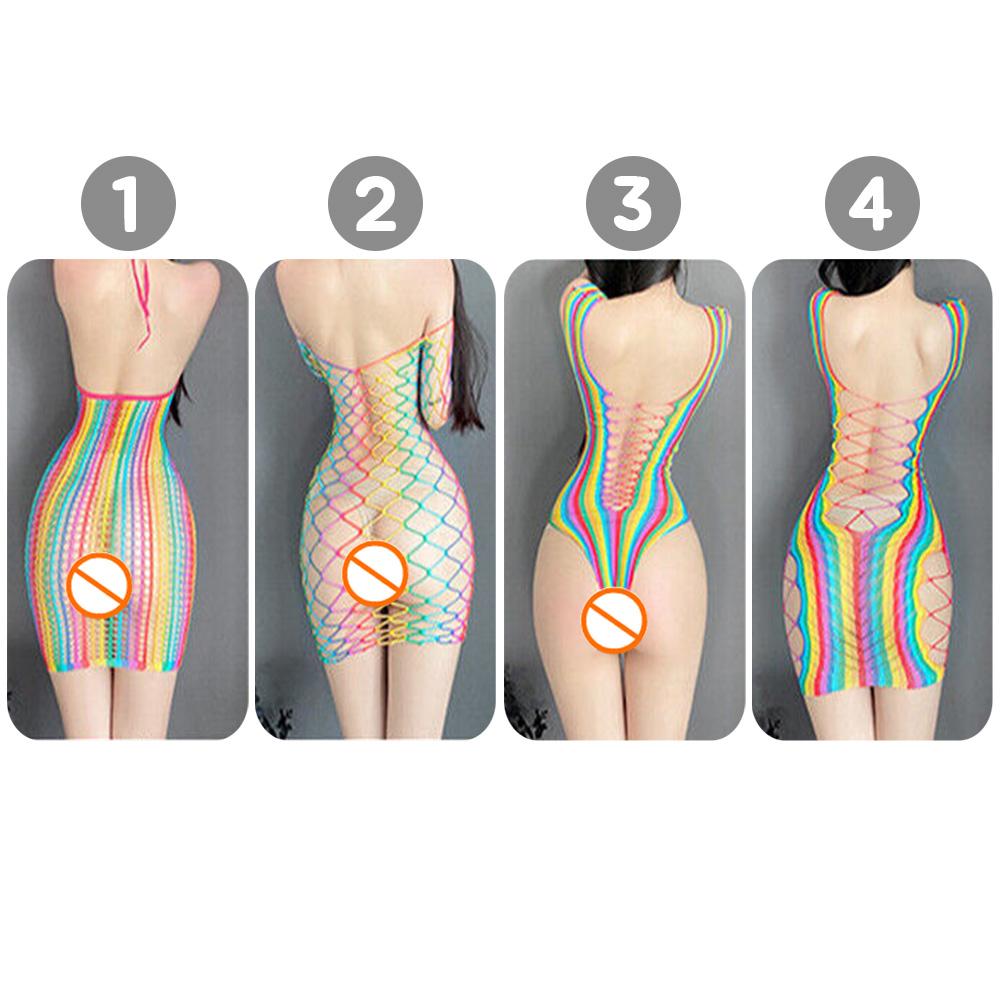 Sexy Lingerie for Women Fishnet Halter Chemise Rainbow Hot Mesh Mini Dress Bodysuit Through Clothes Flirtation Erotic for Couple