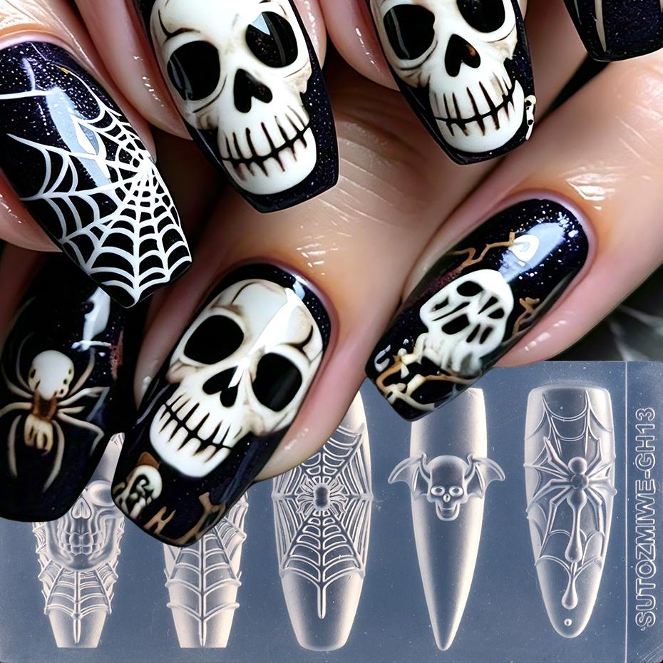 Xiaomi 3D Skull Bat Spider Web Nail Silicone Mold Halloween Gothic Nail Art Mould Skeleton Nail Charms Decorations Template Nail Mold