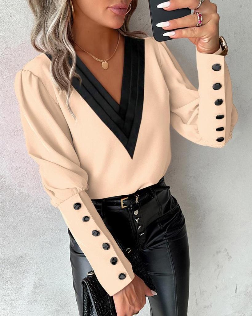 2026 Autumn Fashion V-Neck Solid Color Long Sleeve Button-Up Women's Shirt