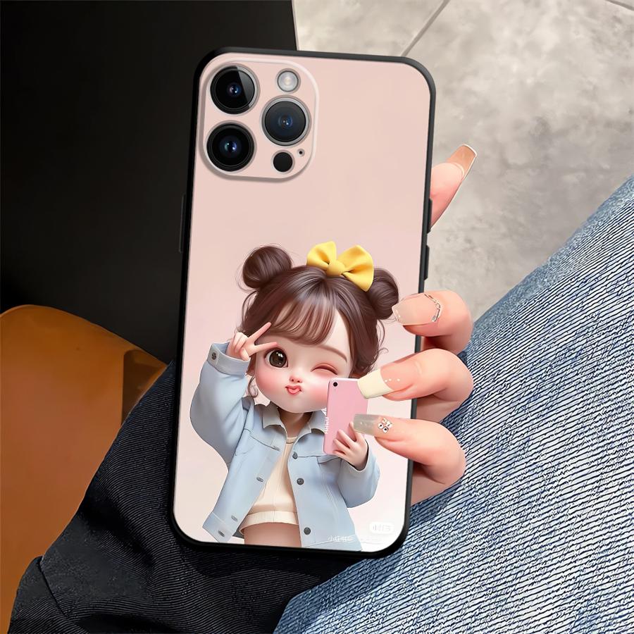 Мультяшный милый чехол для девочки для iPhone 7 8 15 16 14 Plus Air XS Max XR 13 12 11 17 Pro Max Черный мягкий чехол для телефона