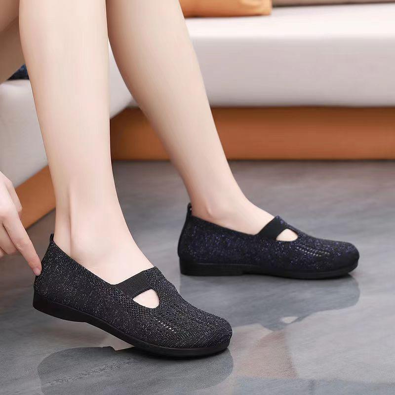 Summer New Single Shoes Old Beijing Cloth Shoes Women's Mesh Shoes Non-slip Soft Sole Breathable Middle-aged and Elderly Mother Shoes Elastic Upper