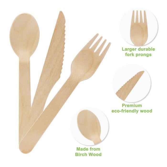 Couverts jetables en bois - exzact - 150 pièces - 100% biodégradables - idéal pour événements - robuste et lisse