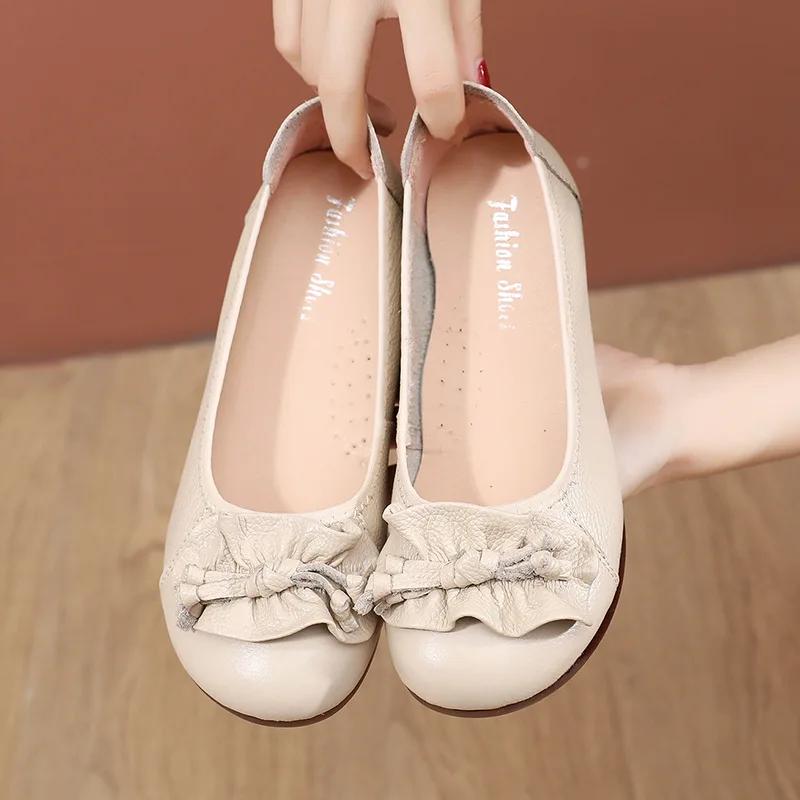 2025 Весна Лето Обувь из Натуральной Кожи Женская Обувь Балетки Слипоны Толстая Подошва Женские Повседневные Туфли Черные Синие Большой Размер 41 D274