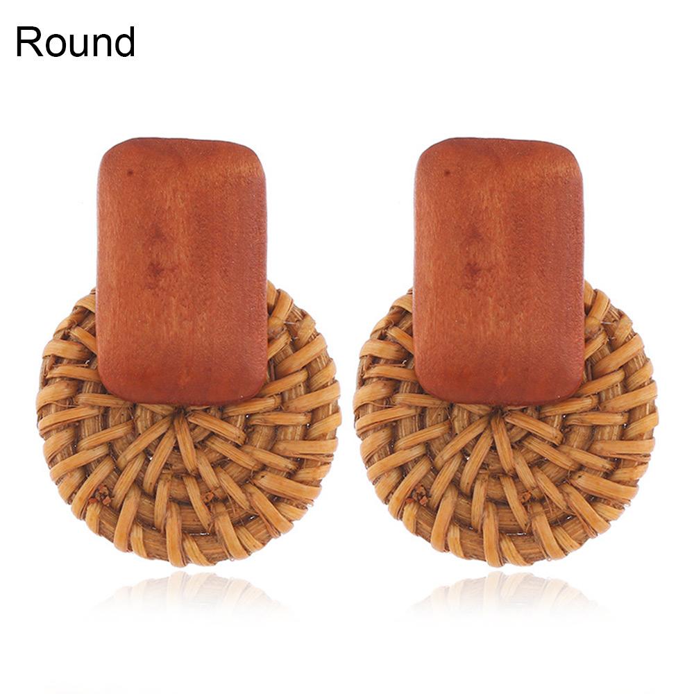 Handmade Korea Bamboo Wooden Straw Weave Rattan Knit Vine Circle Triangle Drop Earrings for Women Girl Beach Jewelry Earrings