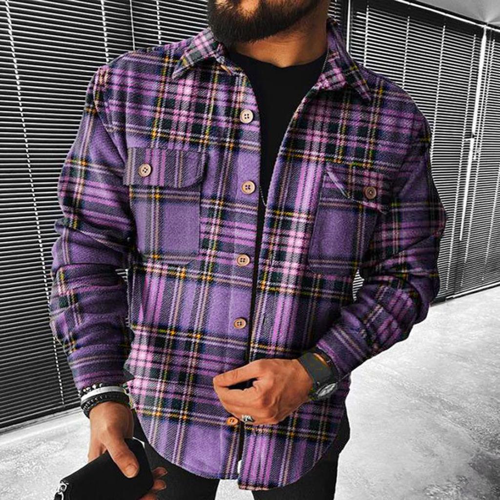 Мужские клетчатые рубашки с длинным рукавом, фланелевая куртка с лацканами на пуговицах и карманами, пальто